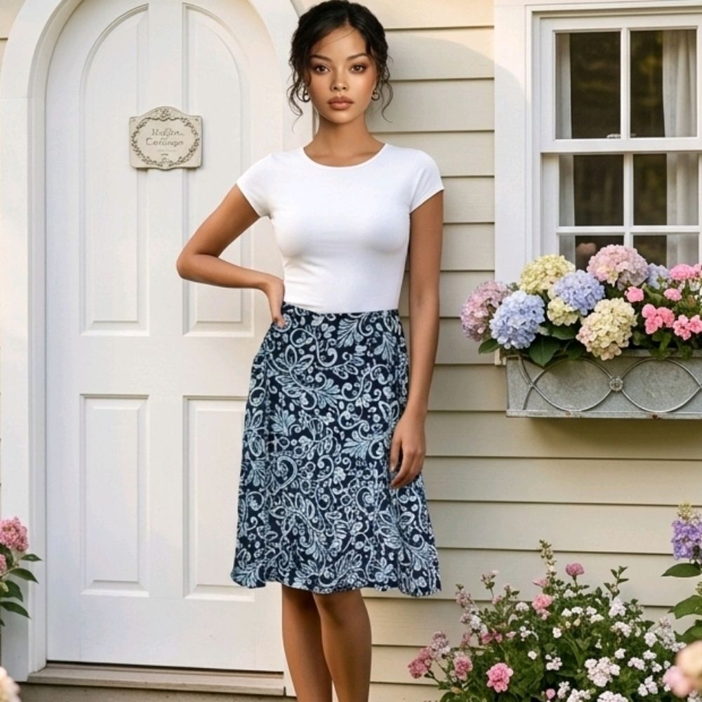 Croft & Barrow Blue Floral Paisley Printed A-Line Flowy Lightweight Knee Skirt